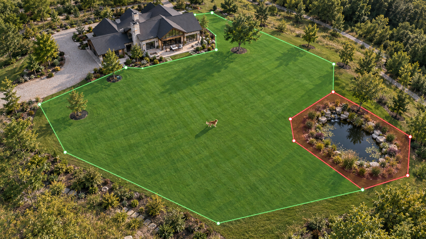 Aerial view of a lawn with active safe-zone and no-go boundaries