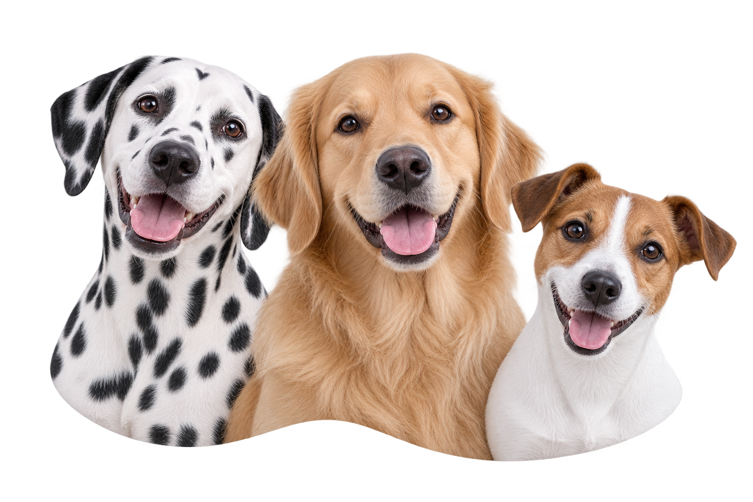 Dalmatian, Golden Retriever, and Jack Russell Terrier