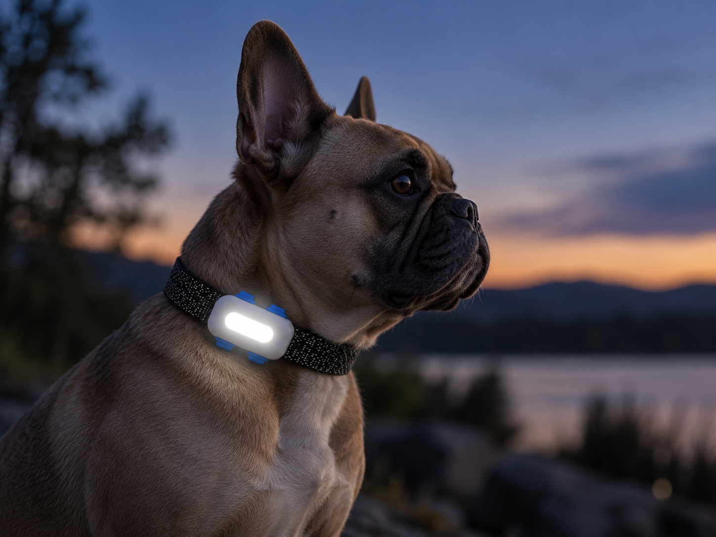 Dog wearing a Raddox collar with LED visibility at dusk