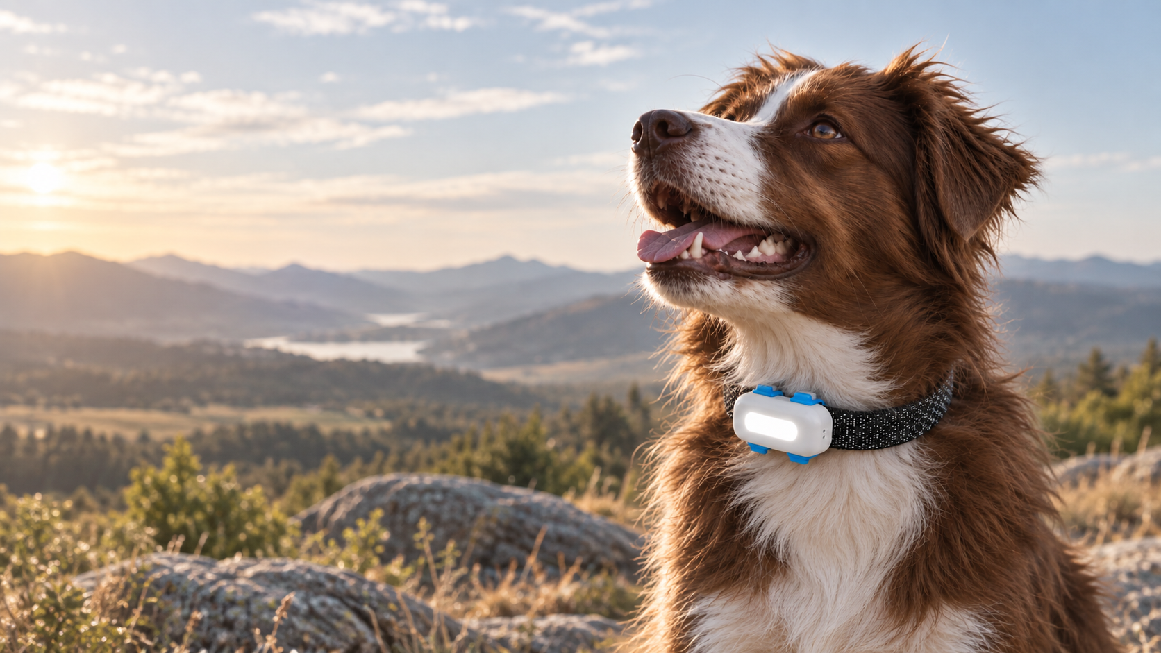 Dog wearing the current Raddox collar in a mountain landscape